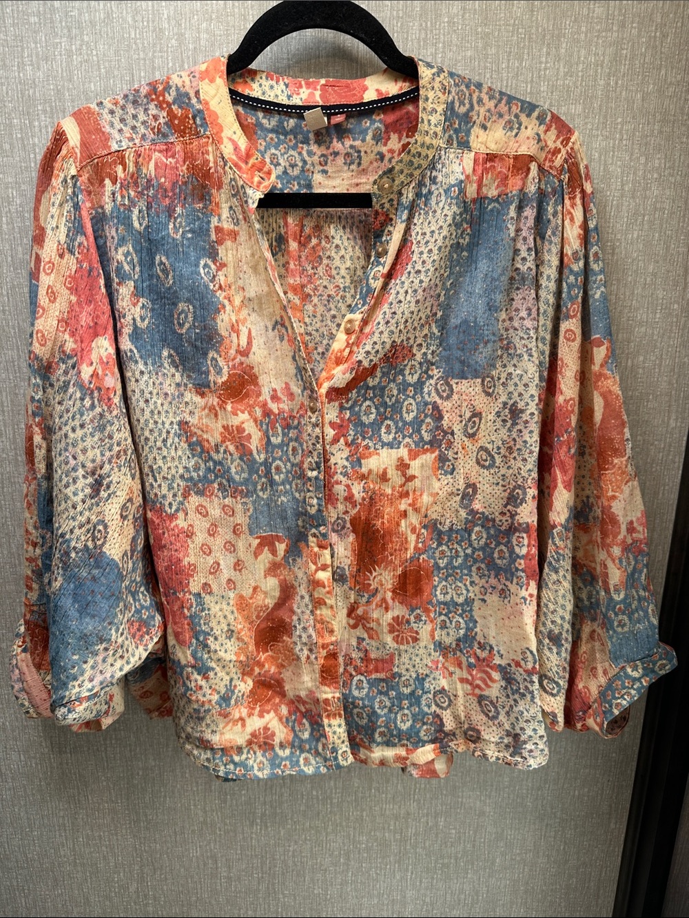 Pilcro Patchwork Floral Button-Front Blouse in Blue, Rust & Cream